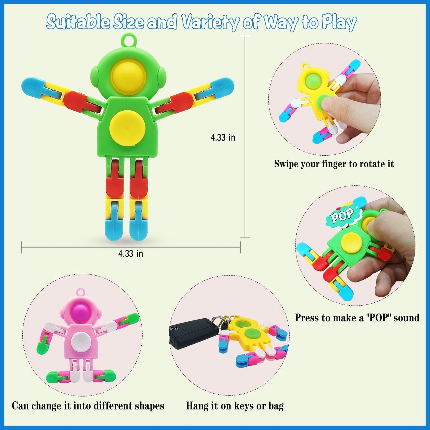4 Pack New Fidgets Sensory Toys for Boys Girls, Transformable Fidget Spinners for Kids and Adults Key Chain Pop Robot Fingertip Fidget Toy, Birthday Party Favors, Gifts, Classroom Prizes