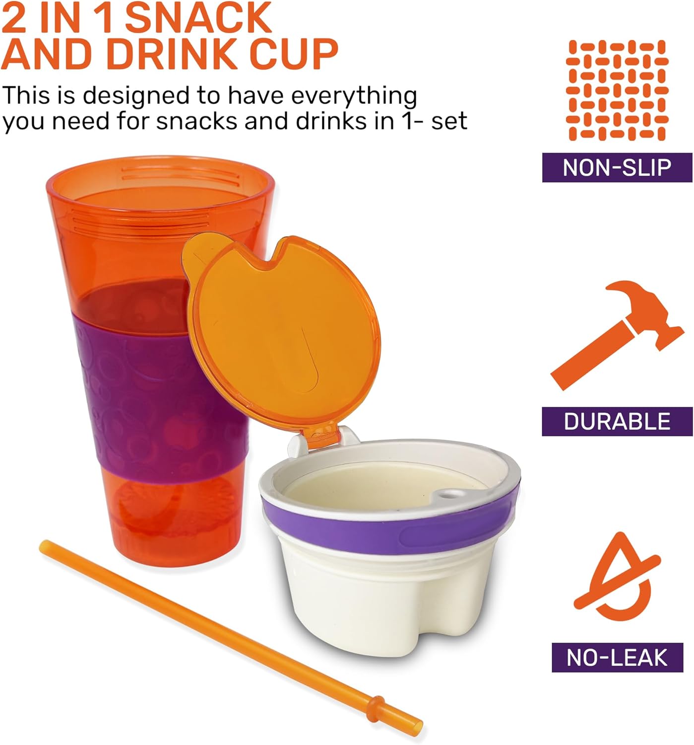 2 in 1 Snack Drink Cup Kids Spill Proof Tumbler Plastic Straw Lid Locks 16 Oz