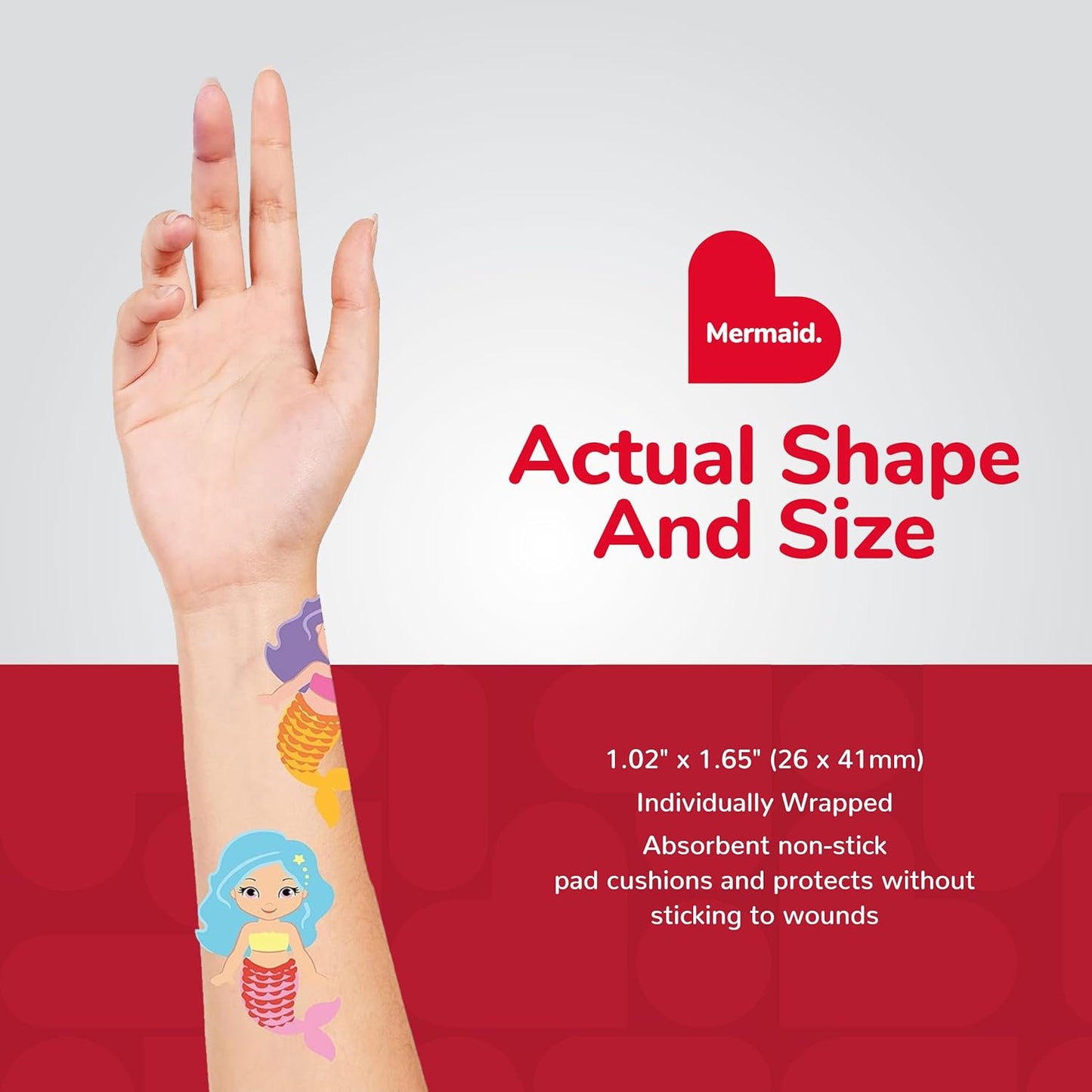 BioSwiss Bandages, Mermaid Shaped Self Adhesive Bandage, Latex Free Sterile Wound Care, Fun First Aid Kit Supplies for Kids, 50 Count