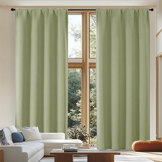 Simplebrand Ava Sage Green Blackout Curtains for Patio 108 Inches Long 2 Panels Set, Solid Thermal Insulated Room Darkening Rod Pocket Window Treatment Curtains Blackout Drapes, W50 x L108 Inch