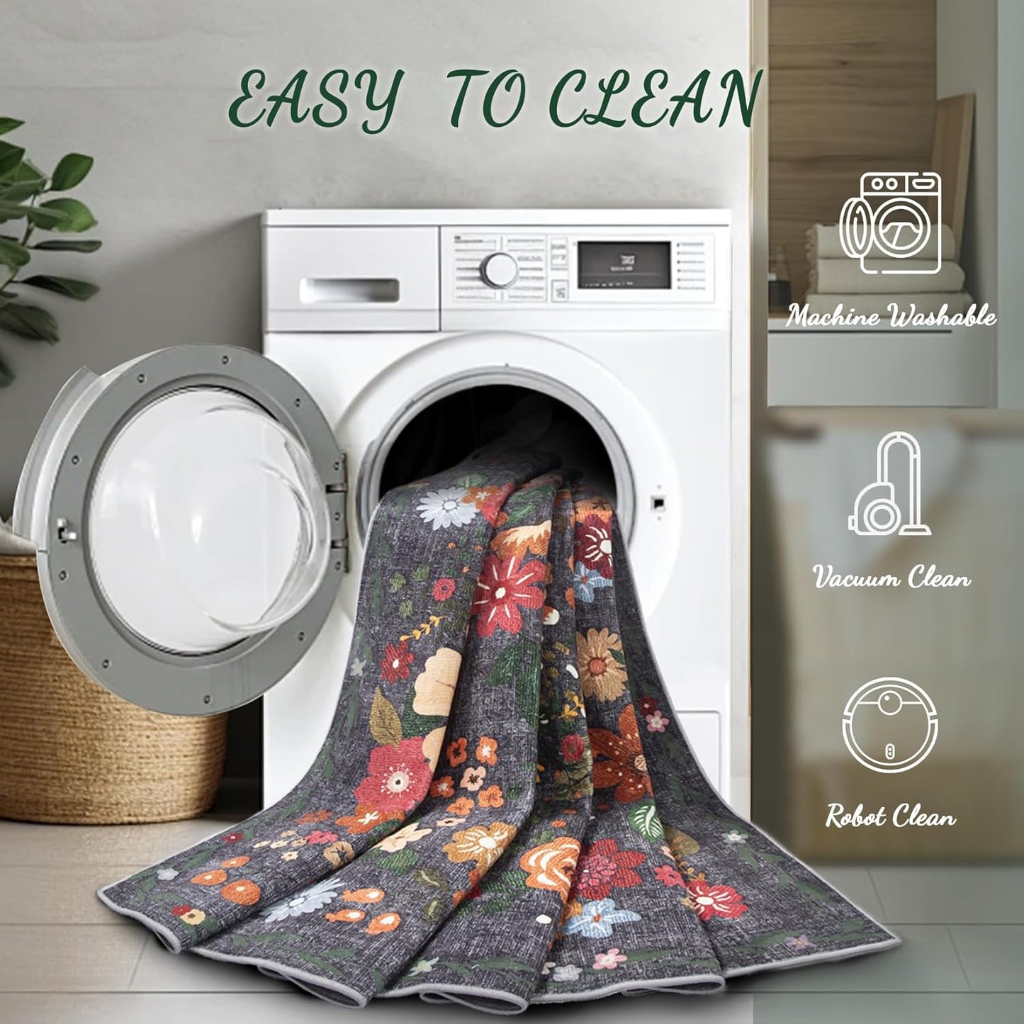 Area Rug Living Room Rugs: 6x9 Washable Rug Vintage Floral Soft Boho Non Slip Carpet Indoor Floor Non Shedding Low Pile Thin Carpets for Bedroom Dining Room Farmhouse Nursery Home Office Black