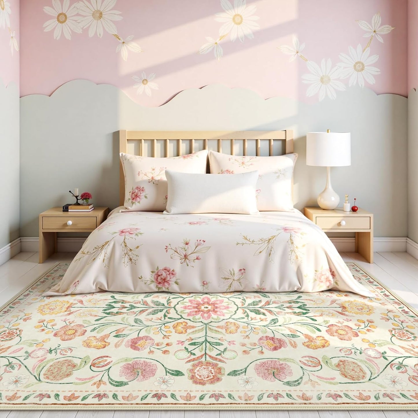 Anidaroel Boho Beige Rugs for Living Room 8x10, Machine Washable Soft Large Bedroom Rug, Non Slip Vintage Floral Area Rug, Low Pile Dining Room Mat Accent Floor Carpet for Farmhouse