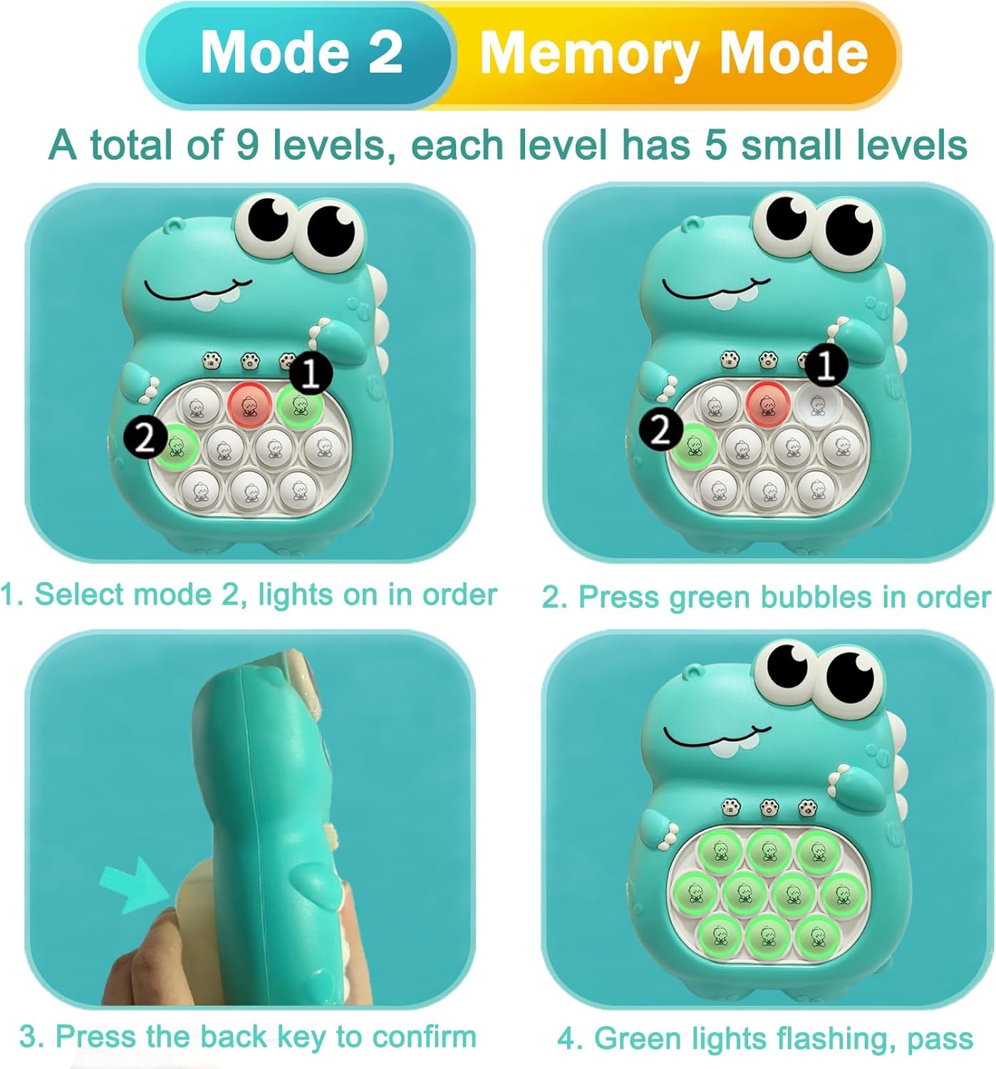 Pop Quick Push Game Light Up Fidget Toys Handheld Puzzle Press Popping Game Console for Kids Ages 3+ Adult Green Dinosaur