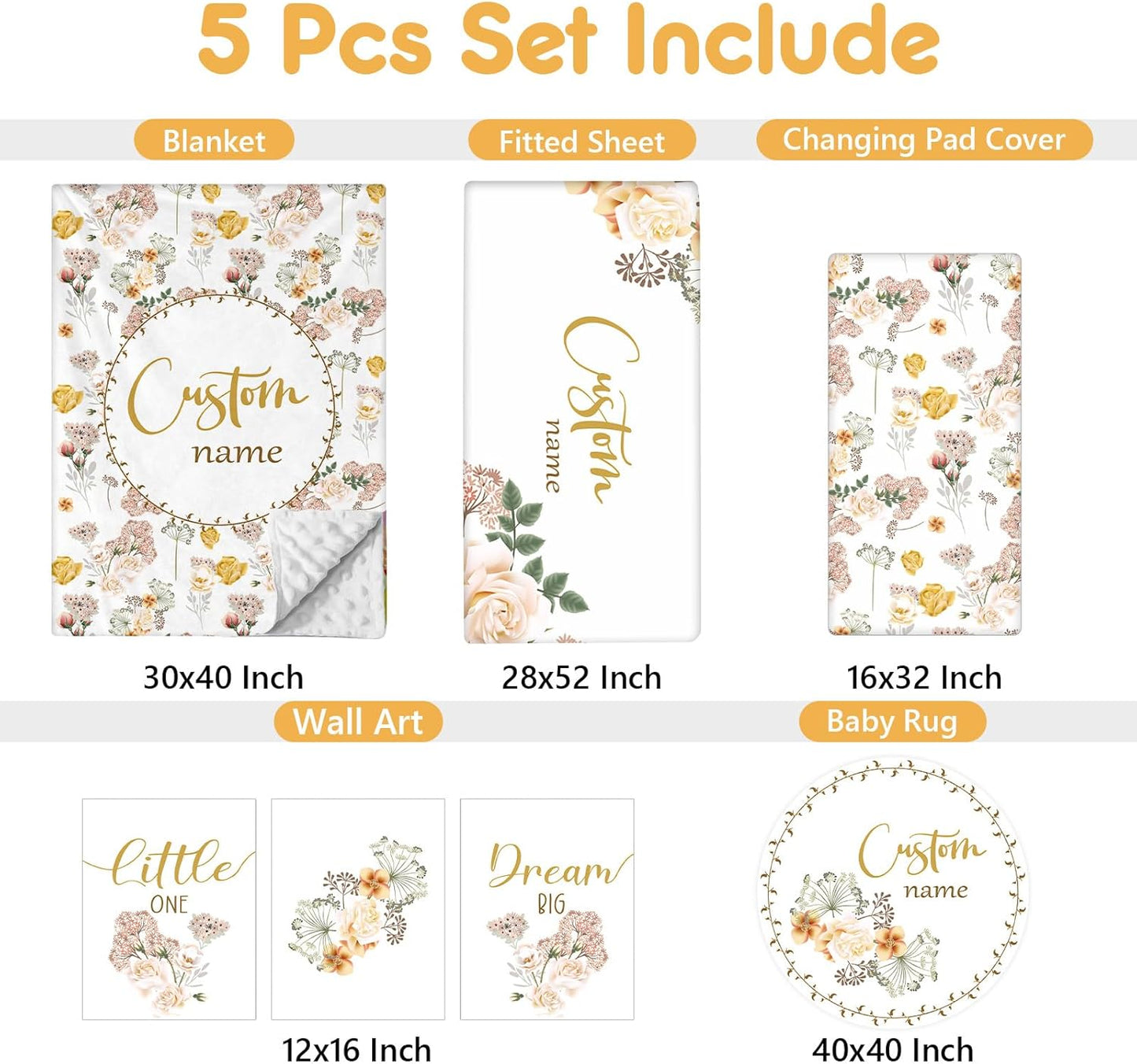 Personalized Baby Crib Bedding Set, 5 Pcs Custom Name Nursery Bedding Set, Yellow Flower Baby Bedding Set for Girl Boy, Double Layer Baby Crib Sets, Customized Gifts for Toddlers Kids Infants