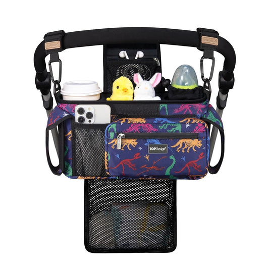 TOPDesign Universal Baby Stroller Organizer, Stroller Caddy with Detachable Mesh Bag & Heightened Insulated Cup Holders & Non-Slip Secure Hooks Accessories, Fits Most Strollers (Dino Fossils)