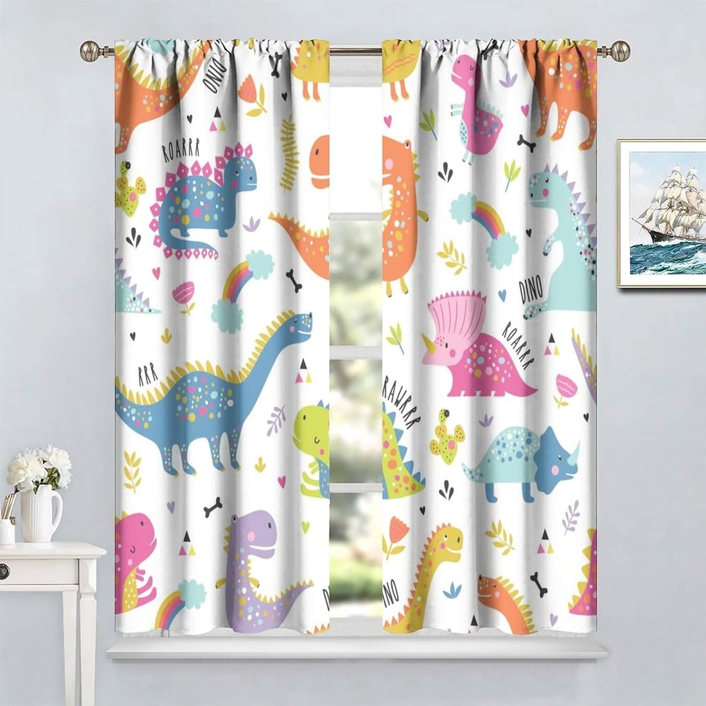 Cartoon Dinosaur Curtains for Kids Boys Girls Home Decor Childish Cute Dino Animals Print Pattern Rod Pocket Blackout Window Drapes for Nursery Baby Bedroom Playroom W26xL84in 2 Panels