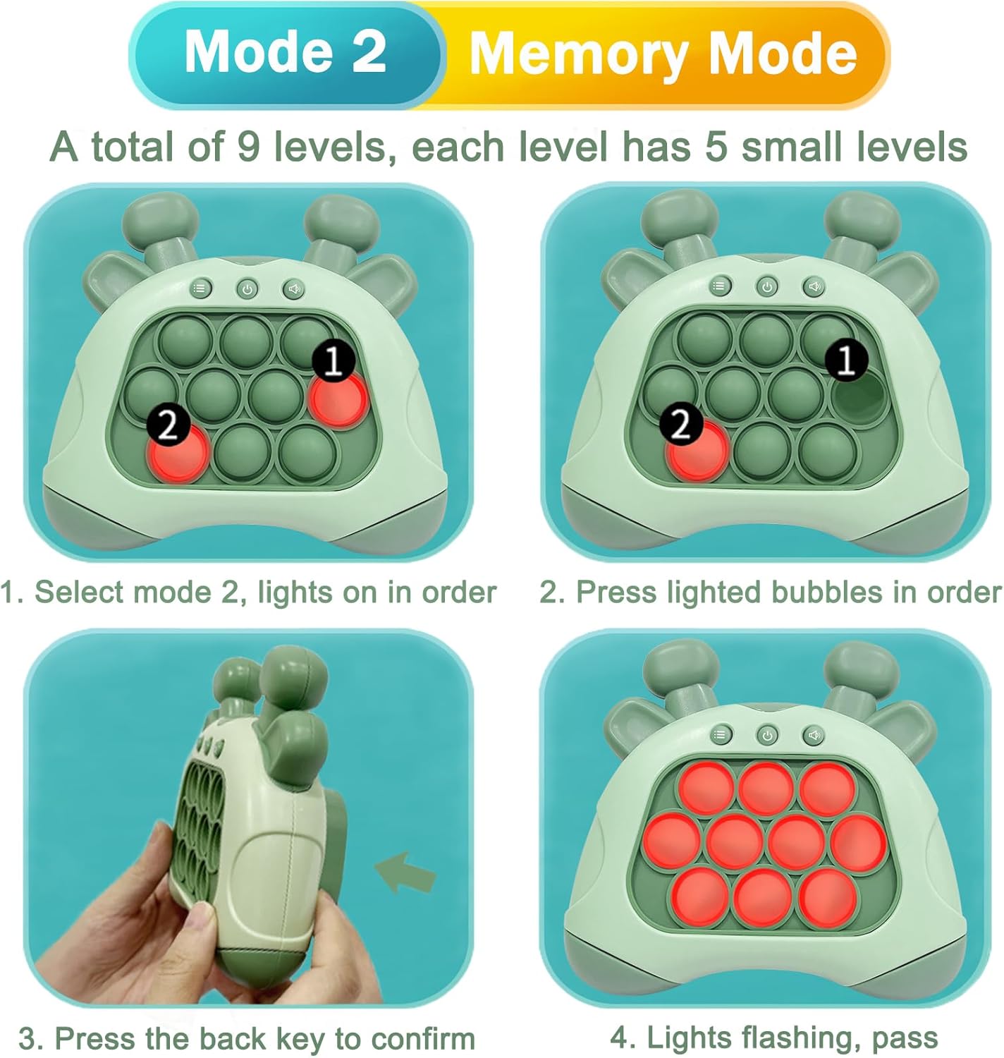 Pop Quick Push Game Console Fidget Toys Light Up Handheld Puzzle Press Popping Toy for Kids Adult Green Deer