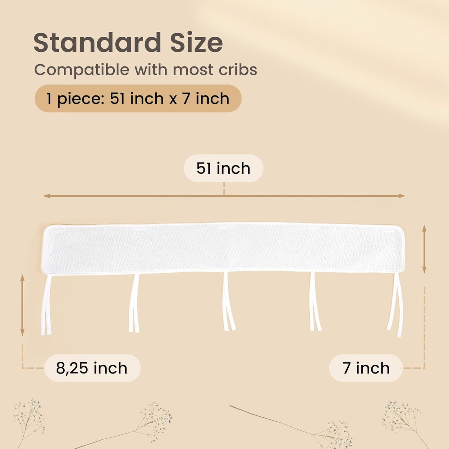 1-Piece Baby Crib Rail Covers for Teething – Add-On Breathable Mesh Rail Guard (51" x 7"), Padded Protector, White (No Pocket) – Complements 3-Piece Set