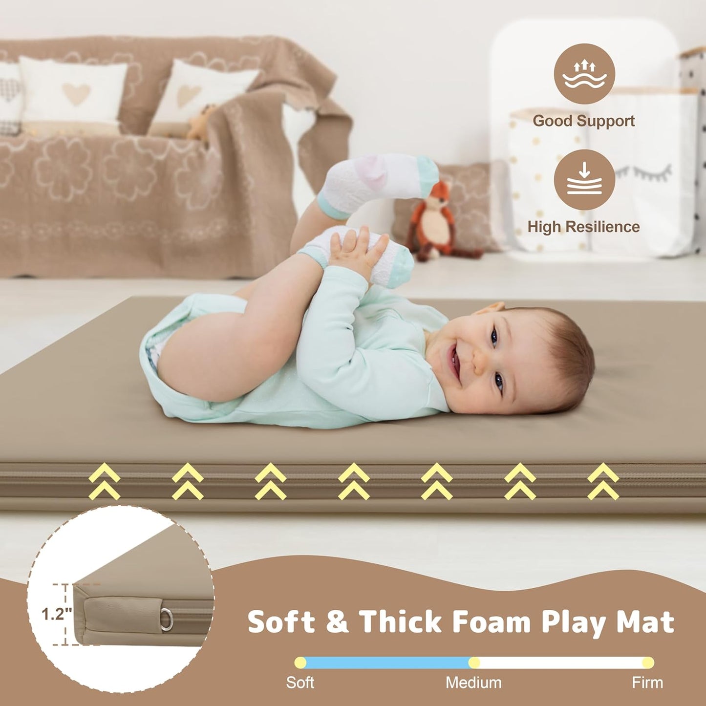 Baby Play Mat 47x47 Inches, Extra Thick 1.2" Foam Floor Mat for Tummy Time & Crawling, Waterproof Non-Slip Faux Leather Playpen Mat for Infants Toddlers, Indoor Outdoor Gym Activity, Brown