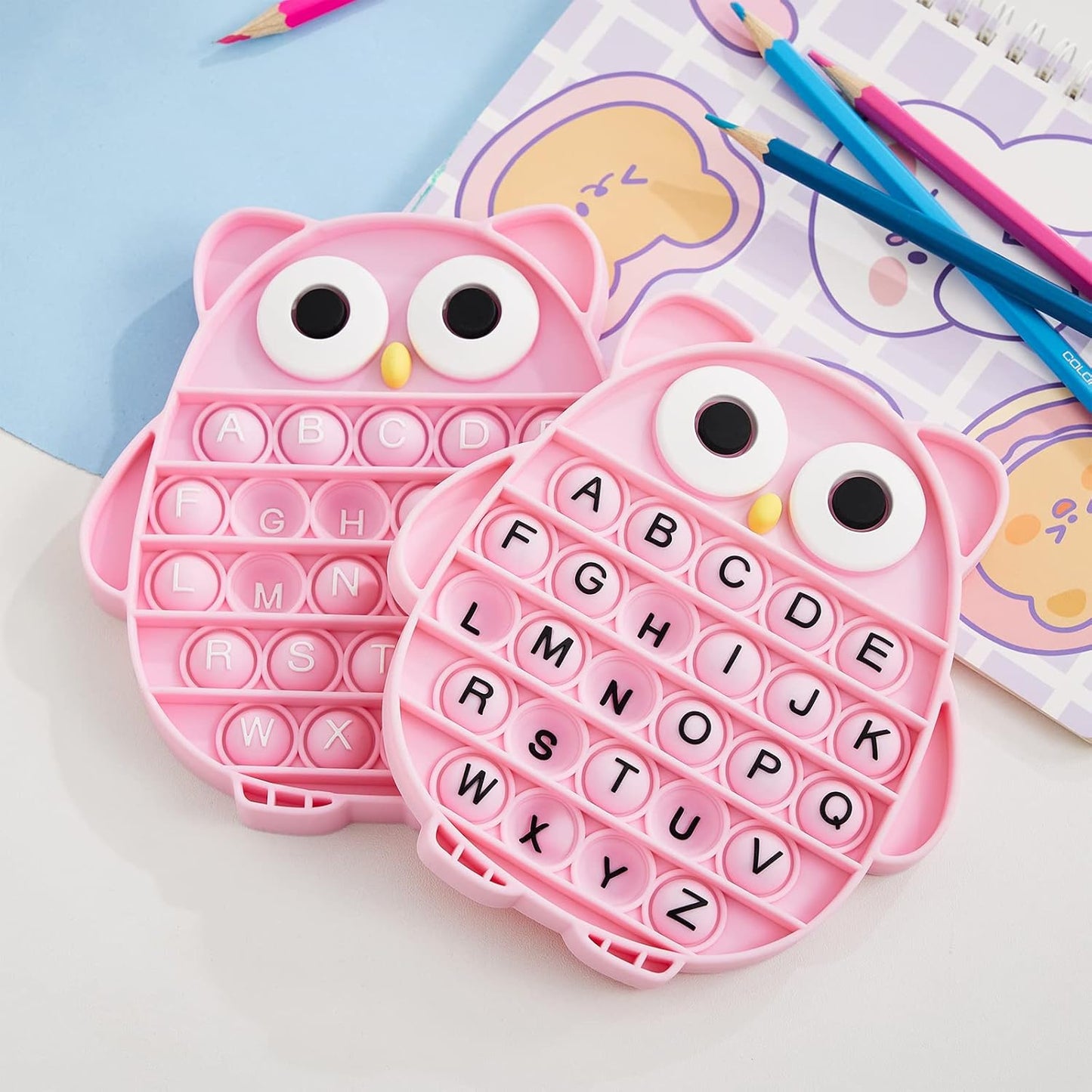 Push Pop Bubble Fidget Sensory Toy, Silicone Stress Relief Popping Toy, ABC Alphabet Owl Shaped Educational Learning Tools for Toddlers Kids Students (Black Letters-Pink)
