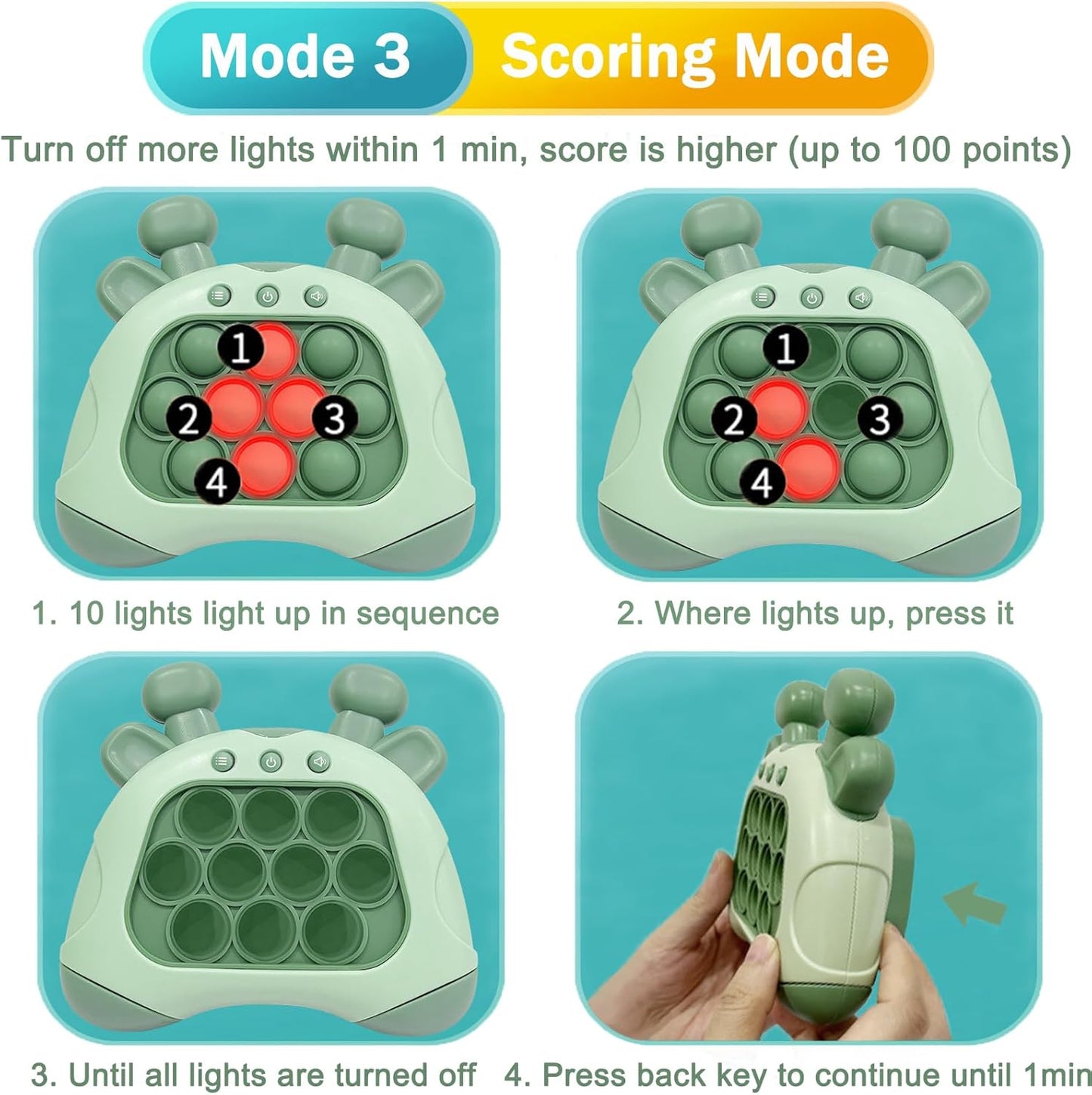 Pop Quick Push Game Console Fidget Toys Light Up Handheld Puzzle Press Popping Toy for Kids Adult Green Deer