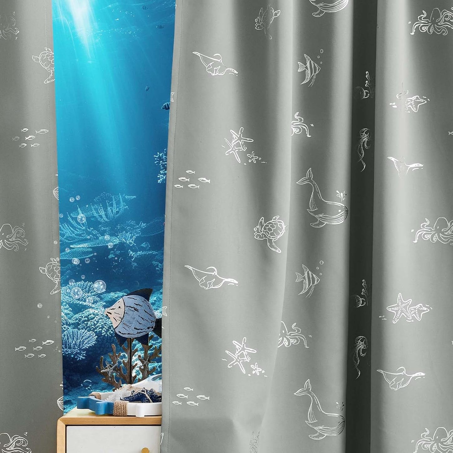 Vangao Kids Curtains for Boys Bedroom Kids Blackout Curtains 84 Inch Length Ocean Aquarium Nursery Drapes for Girls Bedroom Silver Sea Animals Print Thermal Insulated Drapes, Grey 2 Panels