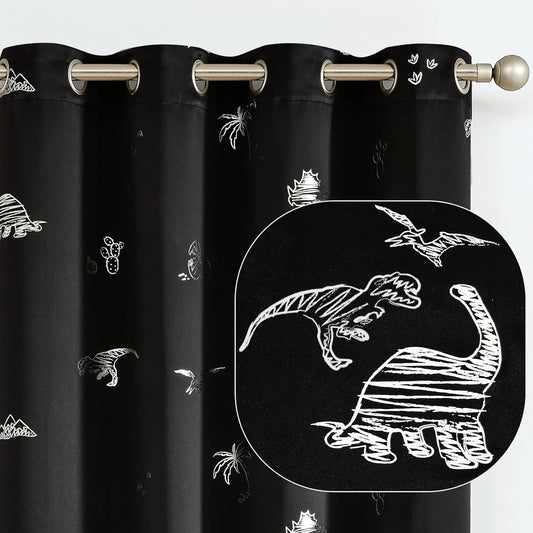Vangao Kids Curtains Black Blackout Dinosaur Curtains for Boys Kids Nursery Girls Room Silver Dino Foil Print Thermal Insulated Drapes Grommet Top Window Treatments 84 Inches Length 2 Panels