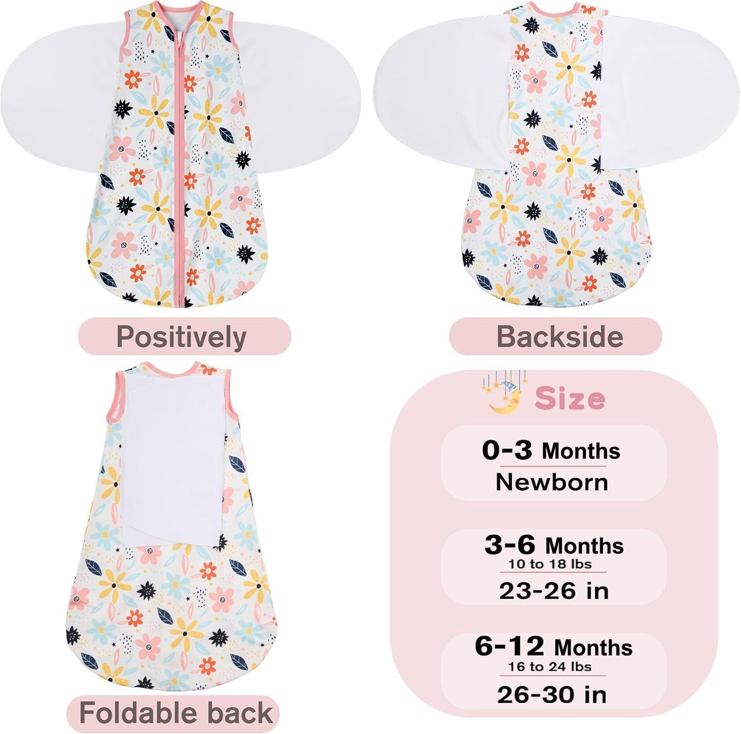 Newborn Sleep Sack Baby Swaddle,3-6 Months,3-Way Adjustable Wearable Blanket,100% Rayon Cotton Swaddling Sleeping Bag，TOG 0.5（Heart&Floral）