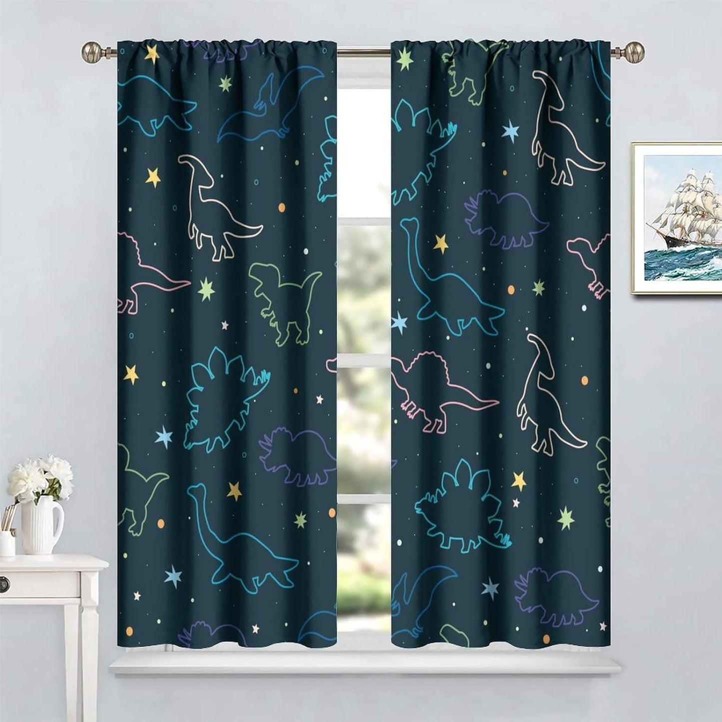 Cartoon Colorful Dinosaur Curtains for Kids Boys Girls Home Decor, Astronaut Funny Outer Space Star Blackout Rod Pocket Window Drapes for Bedroom Living Room W21xL63in 2 Panels