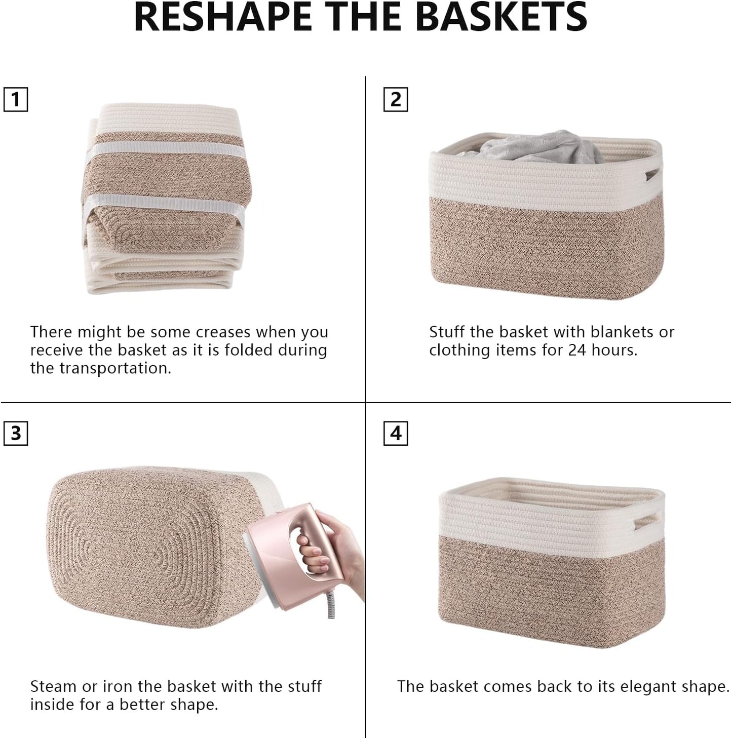 4 Pack Storage Baskets for Organizing, Woven Baskets for Shelves - Perfect for Toys, Books, Towels, and Clothes, Durable Gift Basket Bins Toy Storage, 12.7''Lx9''Wx7.8''H, Brown & White