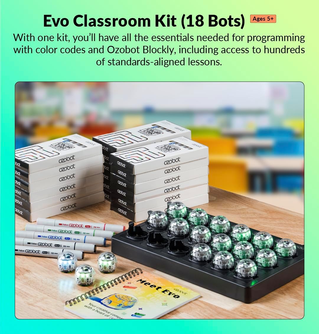 Evo Classroom Kit (18 Bots): Interactive Coding Robot, Kids Ages 5+, Includes 18 Evo Robots, Color Code Markers, Charging Cradle, Bot Stickers, Access to 700+ STEAM Lessons, Educators & Parents
