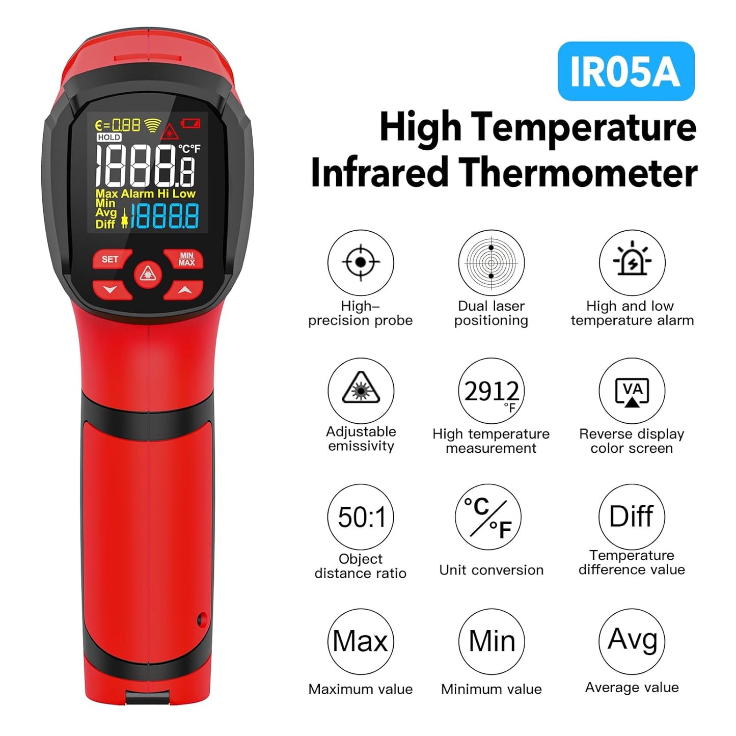 -40℉~2912℉ MESTEK Infrared Thermometer Temperature Gun,50:1 Dual Laser High Temp Thermometer with Thermocouple Probe, Non-Contact Industrial Pyrometer for Engine, Kiln, Forging,Humidity Measurement