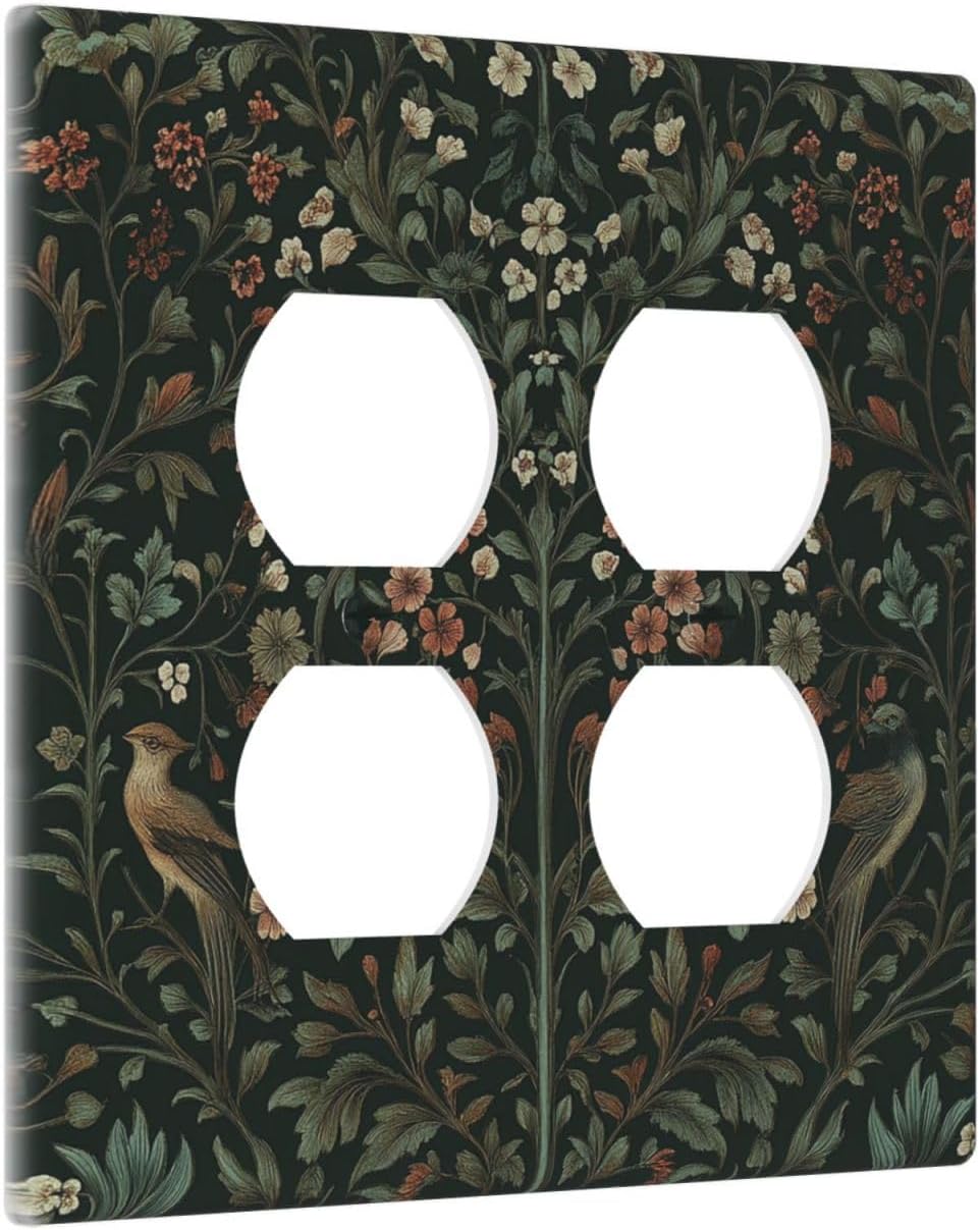 Outlet Covers Vintage Morris Colorful Flower Green Leaf 2 Gang Double Duplex Decorative Light Switch Covers Electrical Wallplates Socket Faceplate For Bed Room Living Room Decor