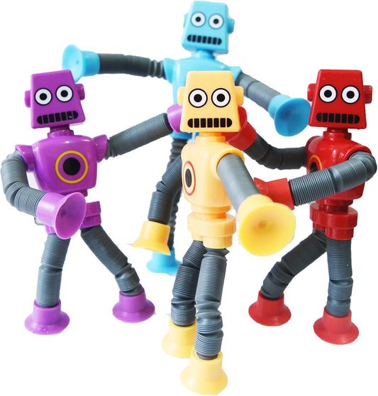 Bendable Robot Figures Set of 4, Flexible Suction Cup Men, Fidget Pop Tubes Sensory Toys for Girls and Boys
