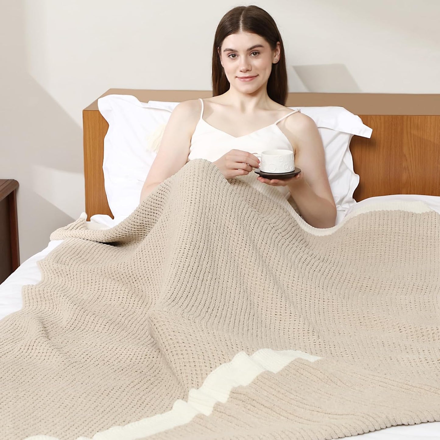 SeaRoomy Knit Throw Blanket,Super Soft Cozy Reversible Waffle Blanket,Warm Fluffy Fuzzy Plush Lightweight Double-Side Blanket for All Seasons for Couch,Sofa,Bed (Khaki,50"x70")