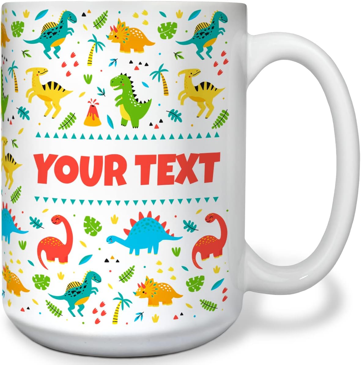 Personalized Mug for Kids - Dinosaurs - Custom Name/Text, Ceramic Hot Chocolate/Cocoa/Coffee Cup for Boys/Girls, Birthday/Christmas/Holiday Gift - 15 oz, White Handle