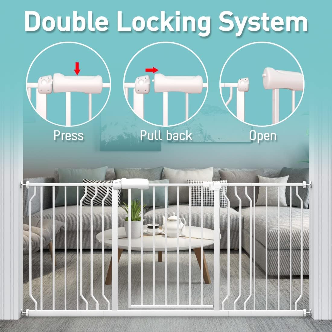 WAOWAO Baby Gate 71.65-76.35" Extra Wide Pressure Mounted Walk Through Swing Auto Close Safety White Metal Toddler Kids Child Dog Pet Puppy for Stairs,Doorways,Kitchen