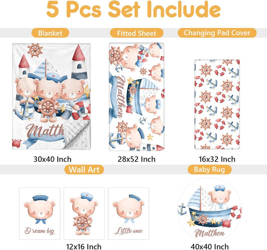 Custom Baby Bedding Set, 5 Pcs Customized Nursery Bedding Set with Name, Comfortable Double Layer Crib Sets for Boys Girls, Personalized Gifts for Infants Toddlers New Parents, Sailing Bear