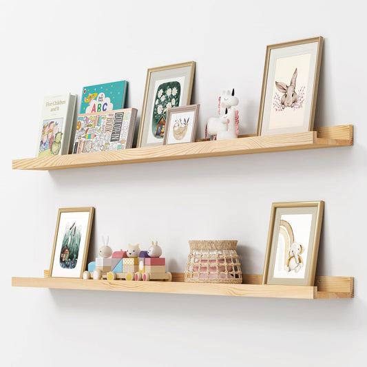 Picture Ledge Shelf, Floating Shelves Set of 2, Solid Pine Wood 55'' Long Large Nursery Book Shelves for Toys Storage, Kids Bookshelf for Living Room Bedroom Decor Books Photo Frames, Natural