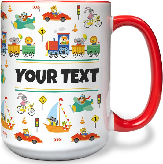 Personalized Mug for Kids - Vehicles - Custom Name/Text, Ceramic Hot Chocolate/Cocoa/Coffee Cup for Boys, Birthday/Christmas/Holiday Gift - 15 oz, Red Handle