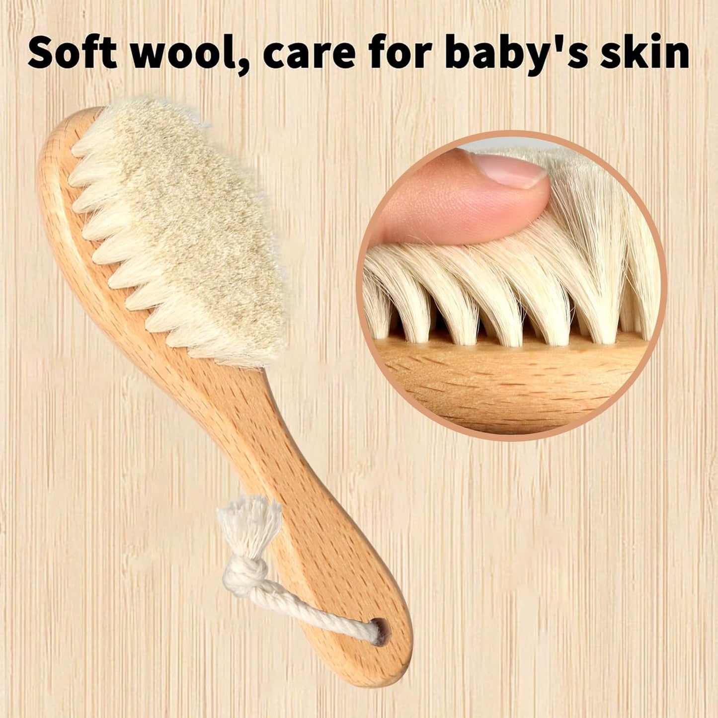 Baby Hair Brush and Comb Set, Wooden Natural Goat Bristles Hairbrush+Comb+ White Cradle Cap Brush Grooming Kit for Newborns Toddlers Boys Girls (Pack of 3)