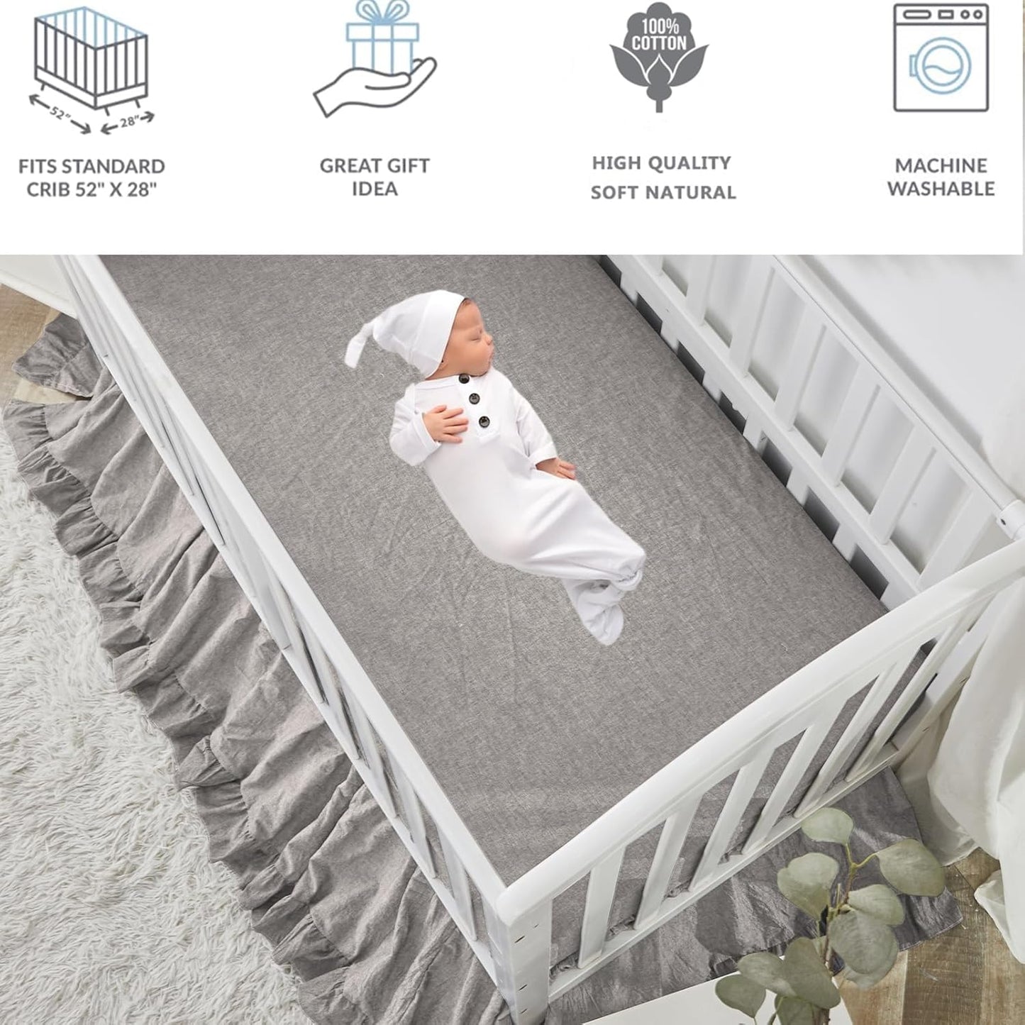 Brandream Crib Bedding Set 3 Pieces Ultra Soft 100% Cotton Bohemian Neutral Solid Grey Crib Comforter, Crib Sheet, Crib Skirt, Farmhouse Chic Ruffle Baby Girl Boys Nursery Bedding