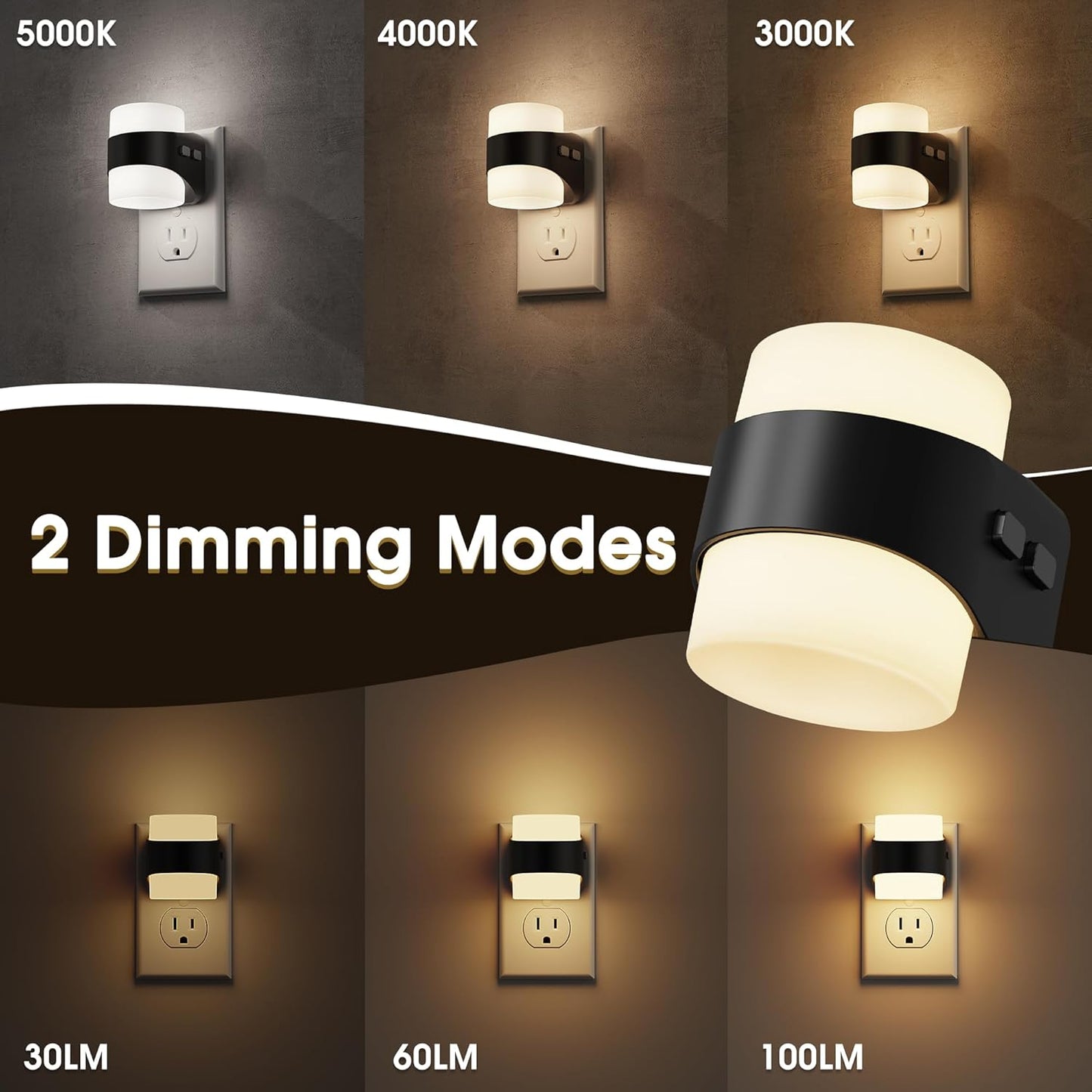 Night Light, Night Lights Plug into Wall, LED Nightlight for Kids & Adults, 3CCT Adjustable 3000K/4000K/5000K Color, Dusk to Dawn Sensor, 3 Brightness Levels, 2 Pack