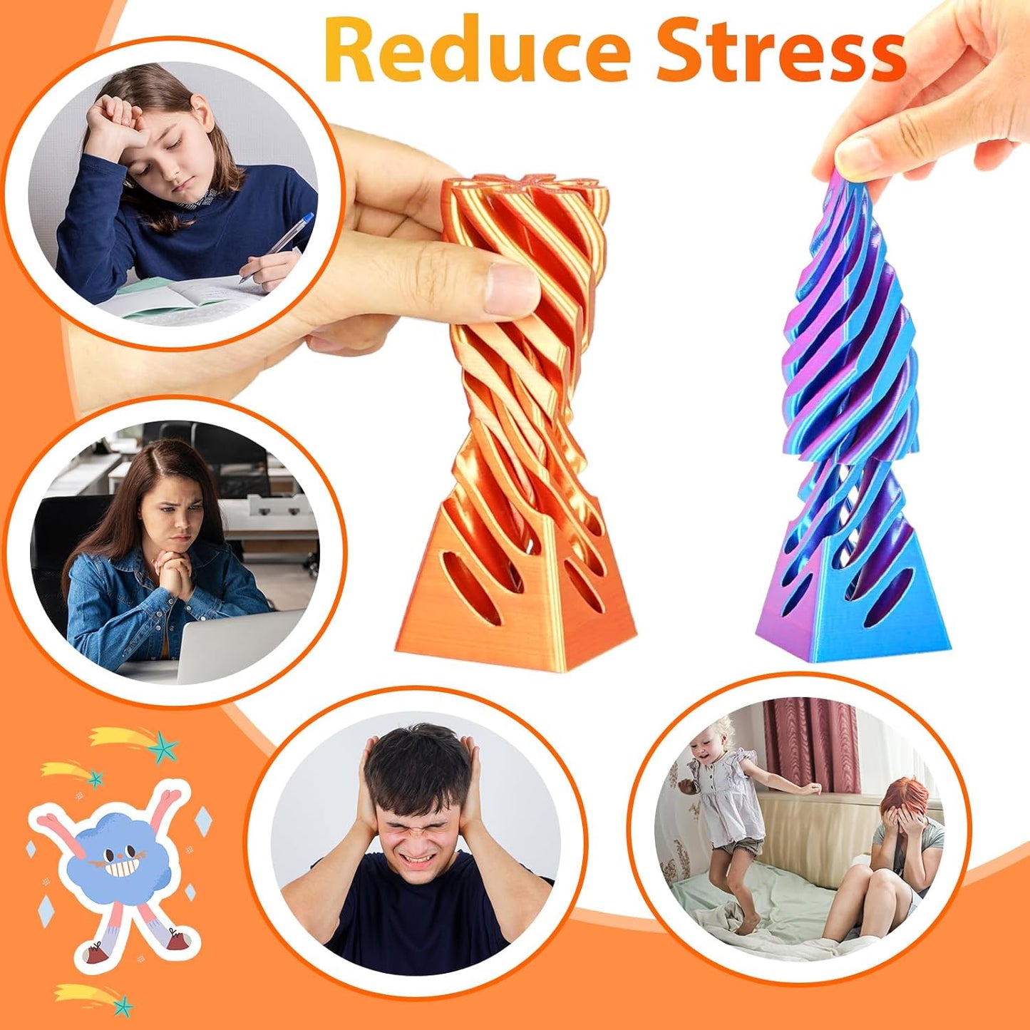 2 Packs Impossible Pyramid Passthrough Sculpture 3D Printed Spiral Cone Fidget Toy for Adults Kids, Infinity Spiral Tree, Christmas, Halloween, Thanksgiving, and White Elephant Gifts (Puple+Orange)