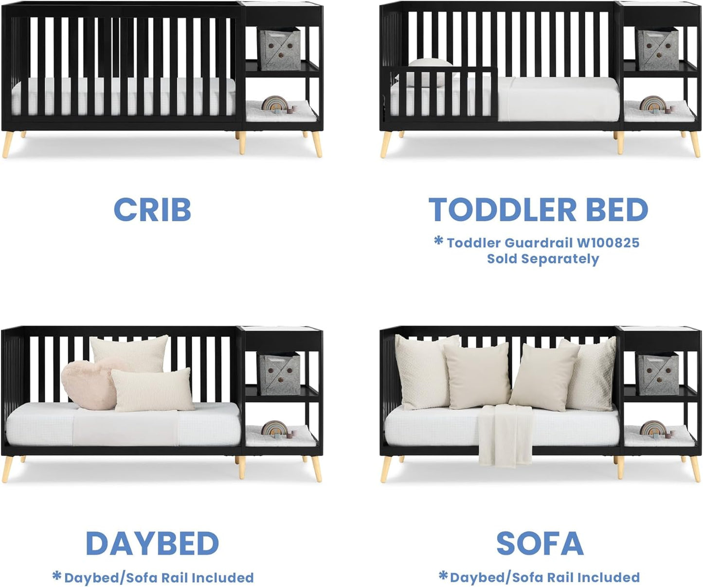 Delta Children Essex 4-in-1 Convertible Crib and Changer, Black Ebony w/Natural Knobs