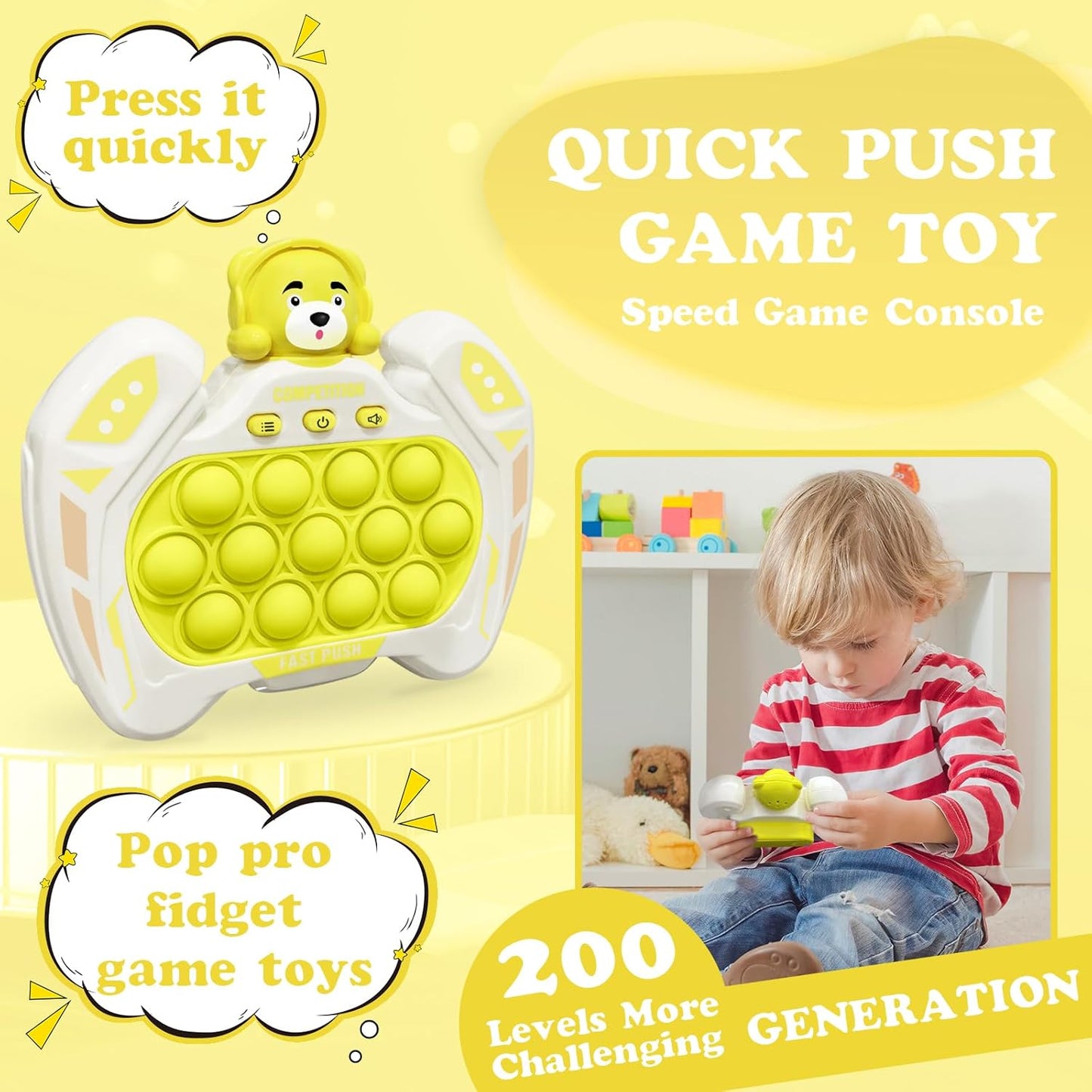 Fast Push Pop Pro Light Up Fidget Bubble Game Controller, Puzzle Pop Pro Game Fidget Toys Adults Handheld Bubble Pop Fidget Game Console Anti-Anxiety Autism Decompression Electronic Travel Game Toy