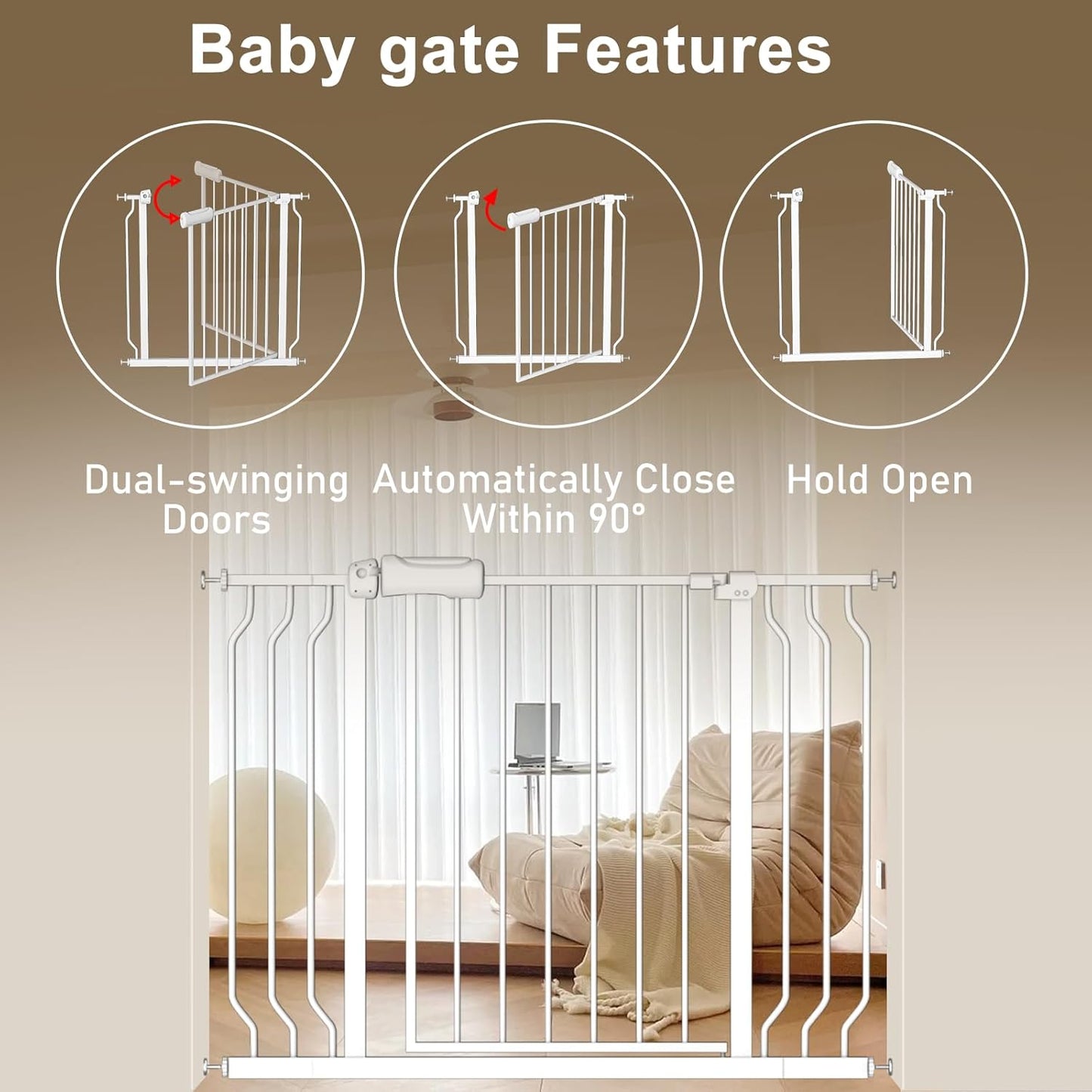 ALLAIBB Extra Wide Baby Gate Pressure Mount with Auto-Close, White Metal Safety Gate for Stairs & Doorways - Child Proof, Pet Barrier for Hallways, Kitchen, Living Room for 62.02-66.93 inch