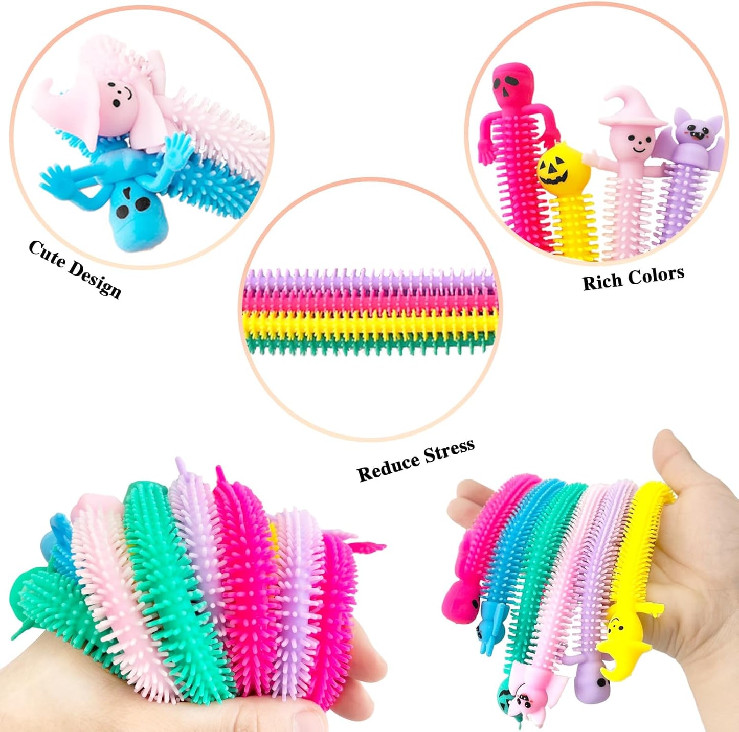 50 Pack Halloween Stretchy Strings Fidget Toy,Stress Relief and Anti-Anxiety Toy,Colorful Sensory Plaything with Witch Pumpkin Ghost Bat for Kids,Gifts,Party Favors,Adults,Boys,Girls