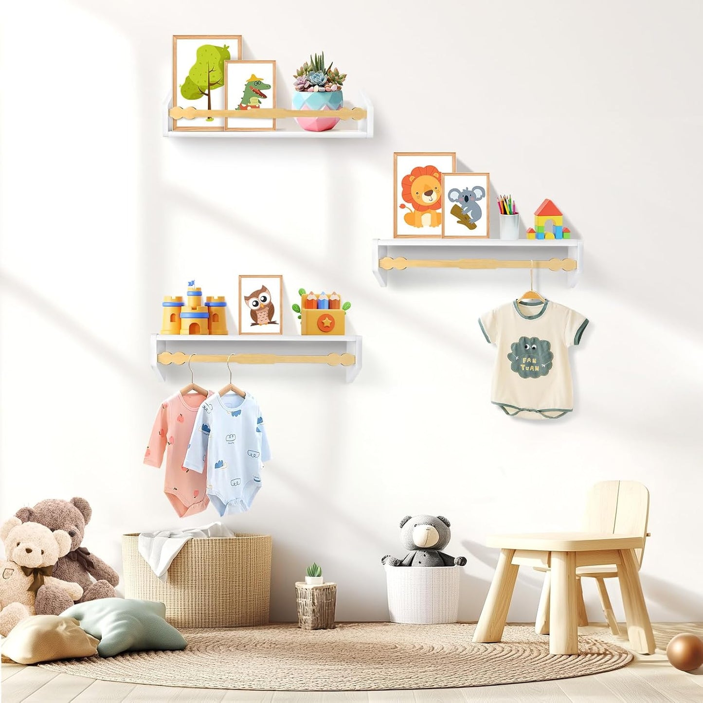 comfoyar Nursery Book Shelves Set of 3, 15.7 Inch Solid Pine Floating Shelves for Wall, Hanging Bookshelf for Kids Boys Girls Baby, Decoration for Bedroom Kitchen Bathroom Playroom, White and Natural
