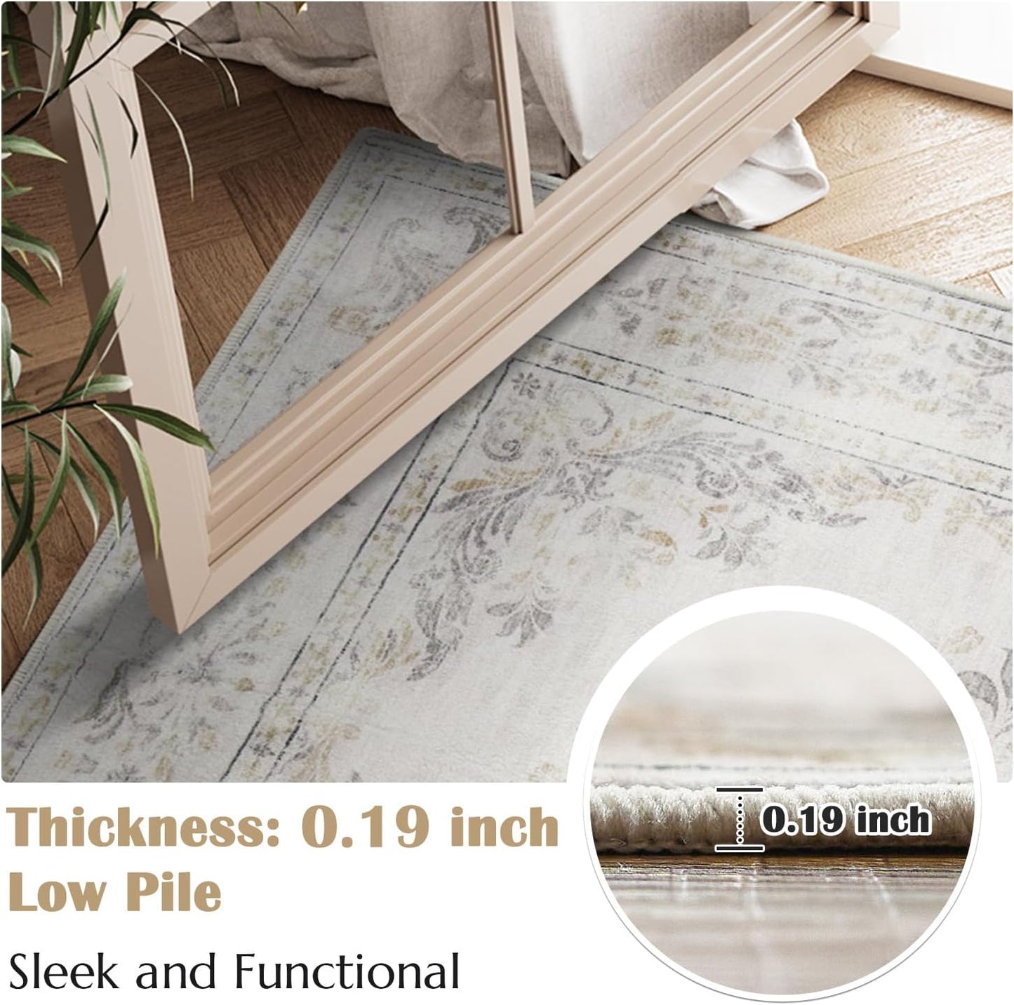 jinchan Vintage Floral 3x5 Area Rugs for Entryway - Machine Washable Distressed Design Ultra-Thin Low-Pile Soft Non-Shedding Carpet for Kitchen Bedroom Entrance Laundry Living Room (3x5ft,Light Grey)