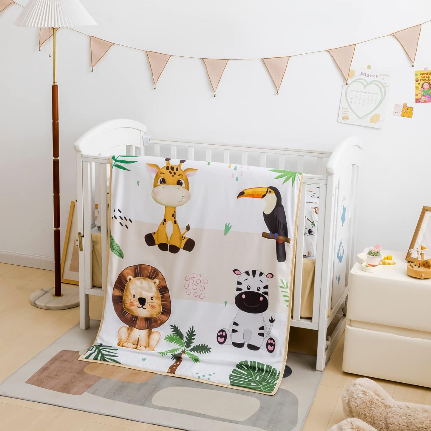 Safari Animal Bedding Set for Baby Boys Girls, 3-Piece Crib Set Including Sheet, Comforter & Skirt, Standard Size