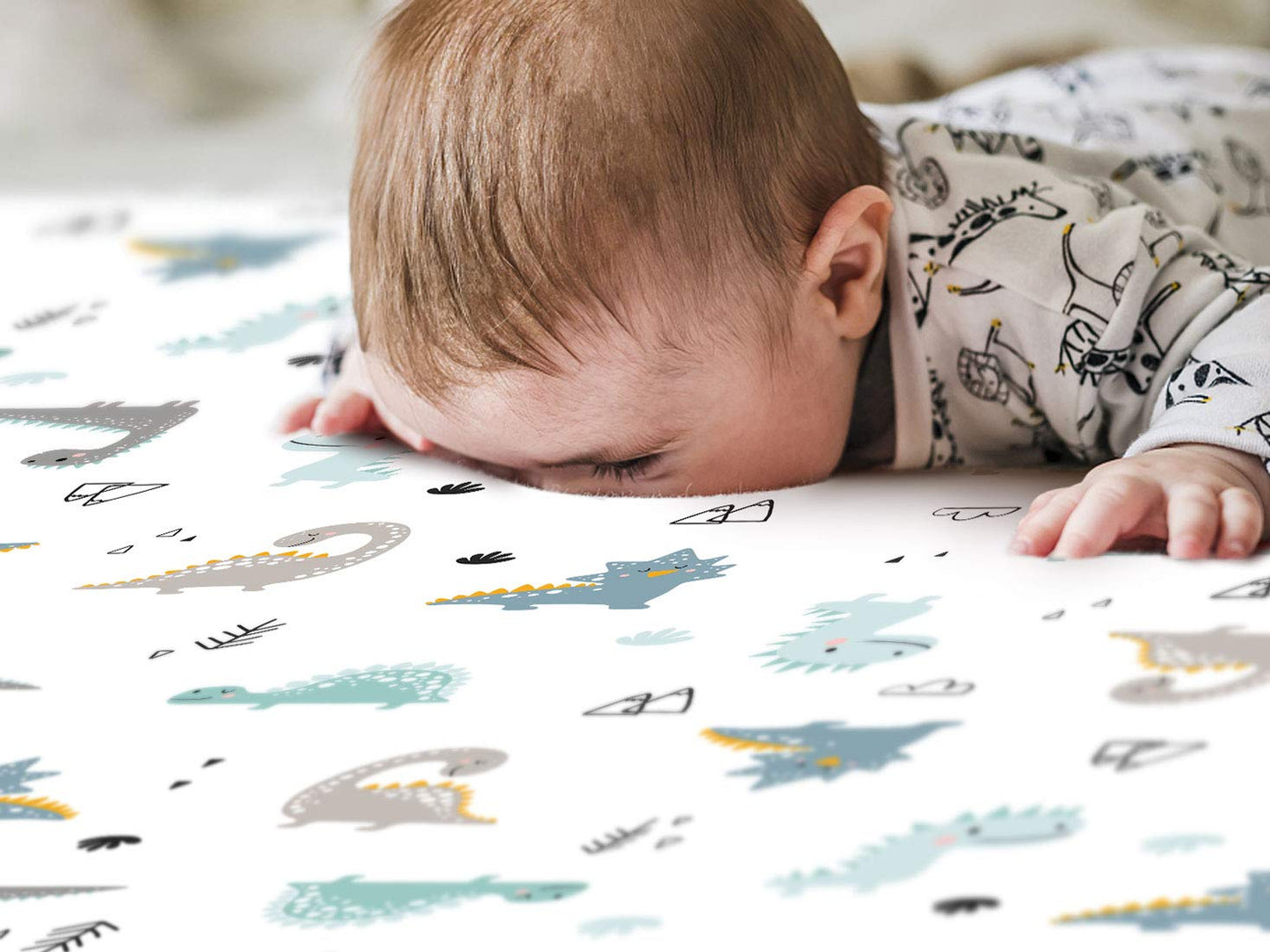 GRSSDER Stretchy Ultra Soft Jersey Knit Fitted Pack n Play Sheets Set 2 Pack, Portable/Mini Crib Sheets for Boys, Universal Fit for Pack N Plays Safe and Snug, Happy Dinosaurs for Baby