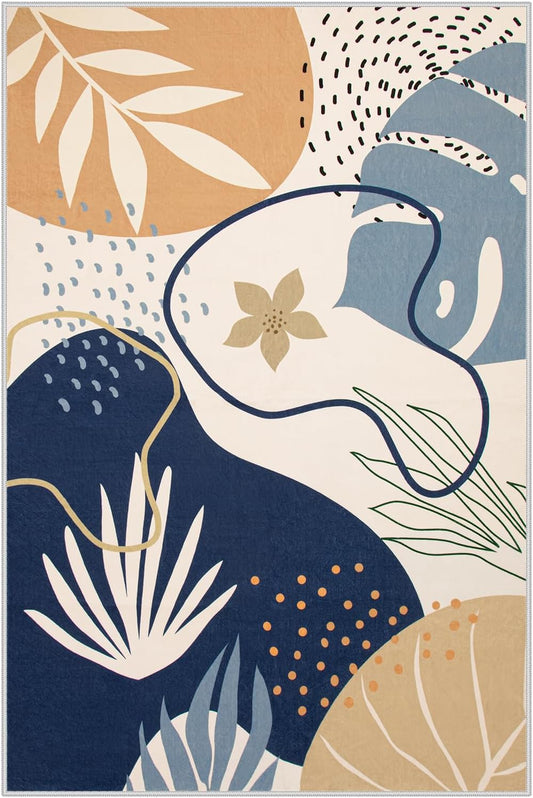 Lahome 4 x 6 Area Rug Living Room Carpet - Washable Soft Rugs for Bedroom Non-Slip Ultra-Thin Floor Rug for Office, Boho Botanical Print Stain Resistant Indoor Rugs for Kitchen Entryway Laundry Room