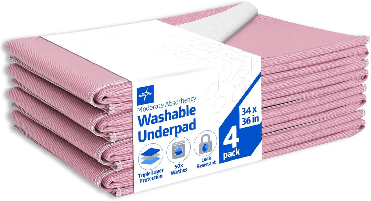 Medline Washable Bed Pads for Incontinence, Large 34 x 36 inch Reusable Underpads, 4 Pack, Pee Pads for Dogs, Adults, Kids and Baby, Pink Sofnit 300