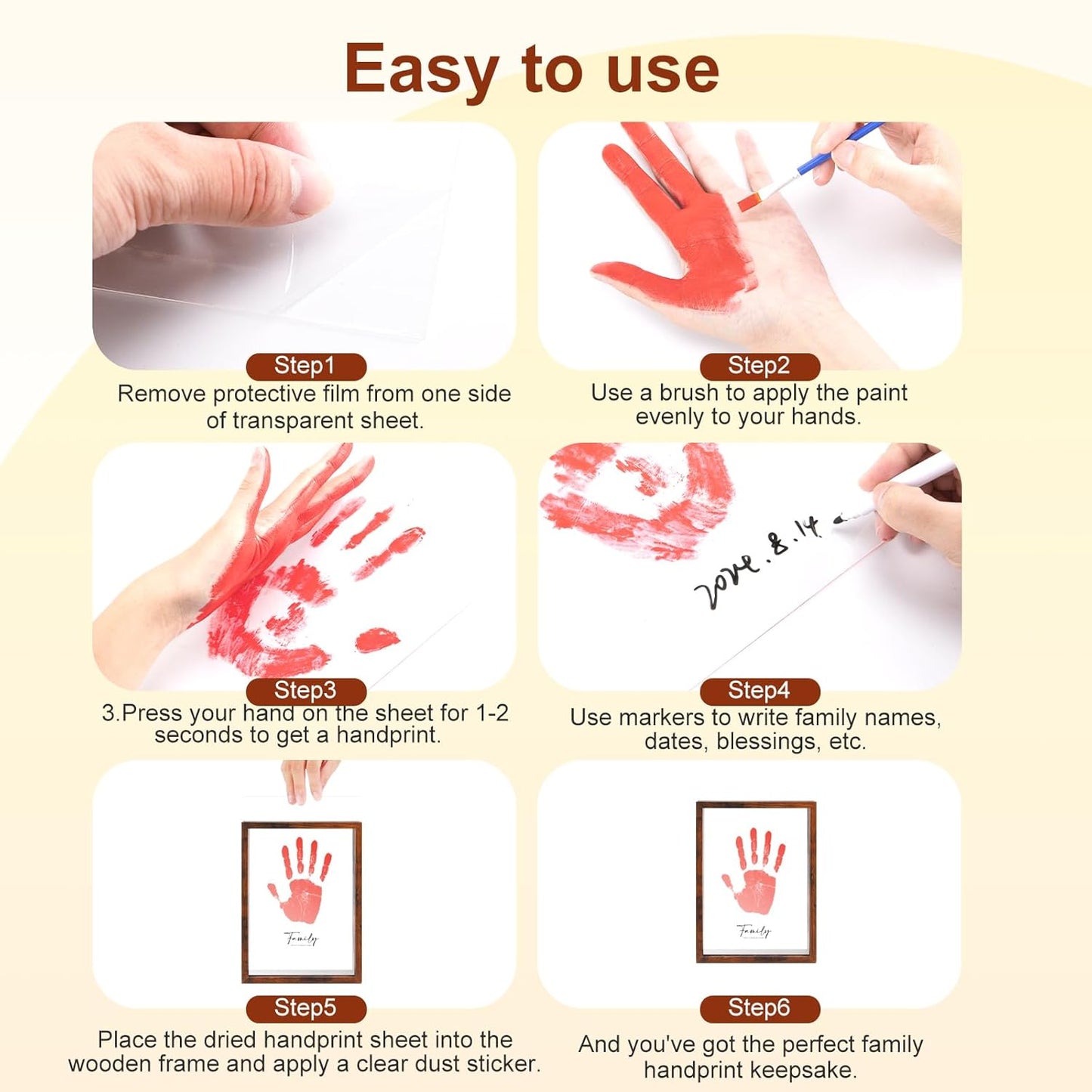 Family Handprint Kit,DIY Colorful Craft Keepsake Family Art Baby Newborn Hand and Footprint Wooden Frame for Home Decor Family Gifts Set(5 Sheets with 8 Colors) (Wood)