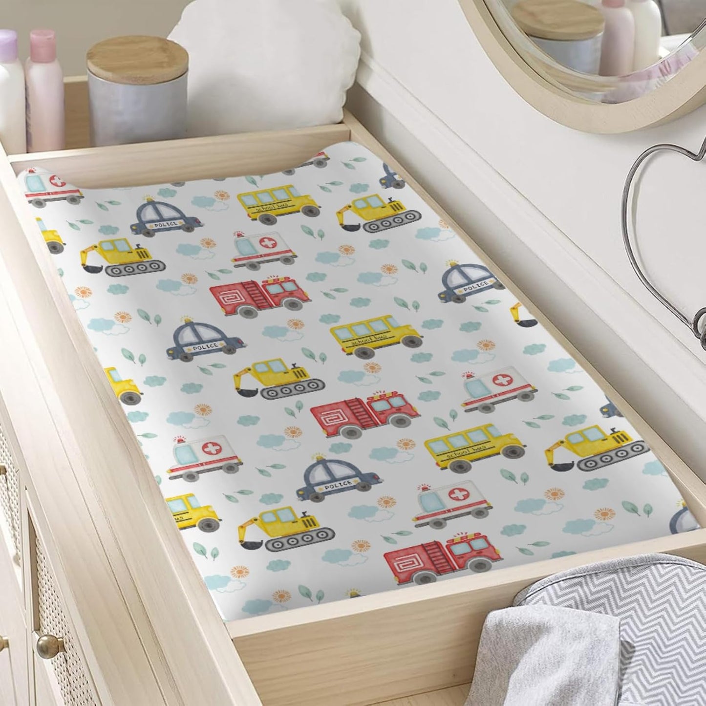 Watercolor Cars Changing Pad Covers Cute Transport Vechile Sun Clouds Leaves Diaper Change Pad Sheets for Girls or Boys Cartoon Cars Soft Stretch Fitted Changing Table Mats Cover 32''x16''