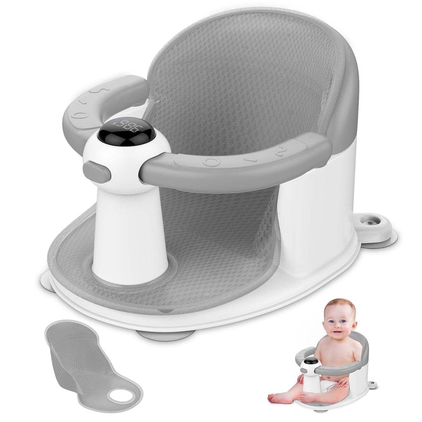 Baby Bath Seat-for Babies 6 Months & up, Water Temperature Display+Soft Cushion, Non-Slip Toddler Bath Seat for Baby, Sit Up Bath Seat for Baby, Grey