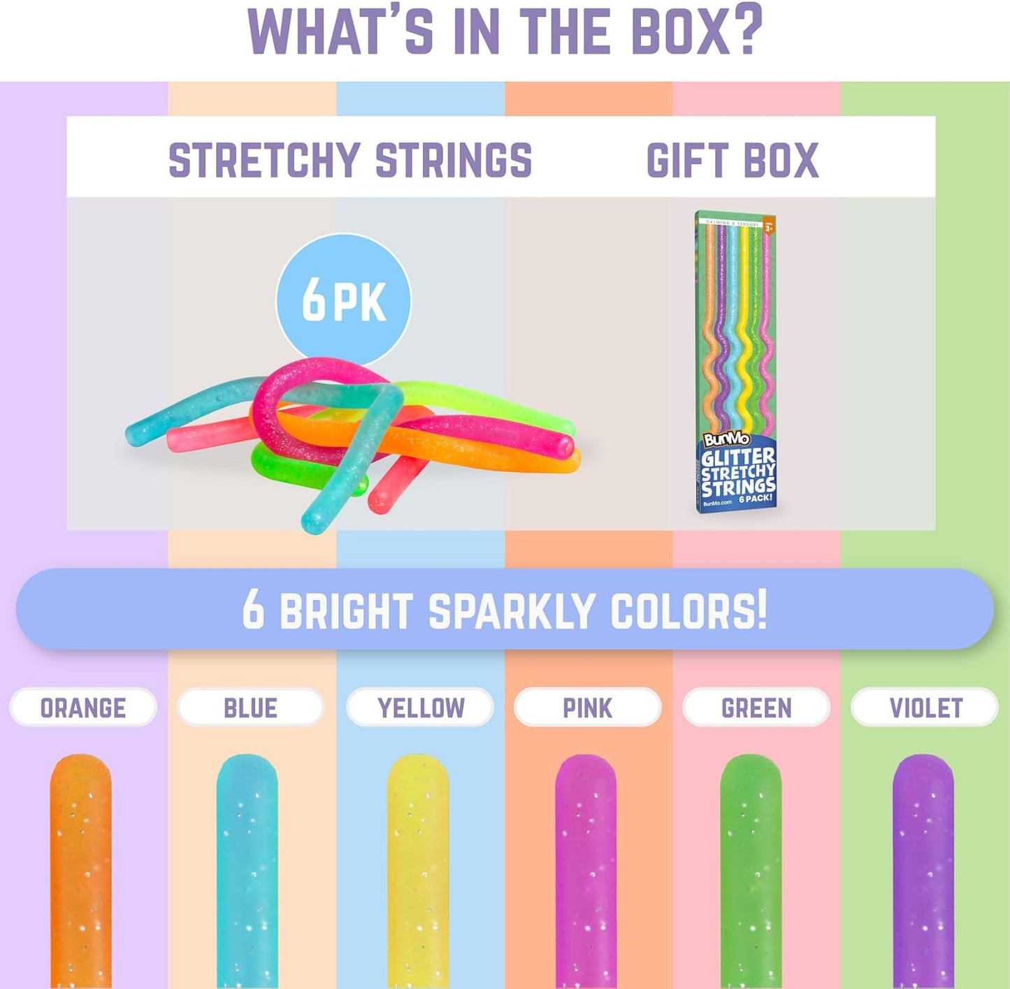 BUNMO Stretchy Strings - Sensory Toys for Toddlers 1-3 - Stimulating & Addictive Sensory Toys for Kids with Autism - Fidget Toy for Anxiety & Stress Relief - Hours of Fun for Kids - Glitter 6pk