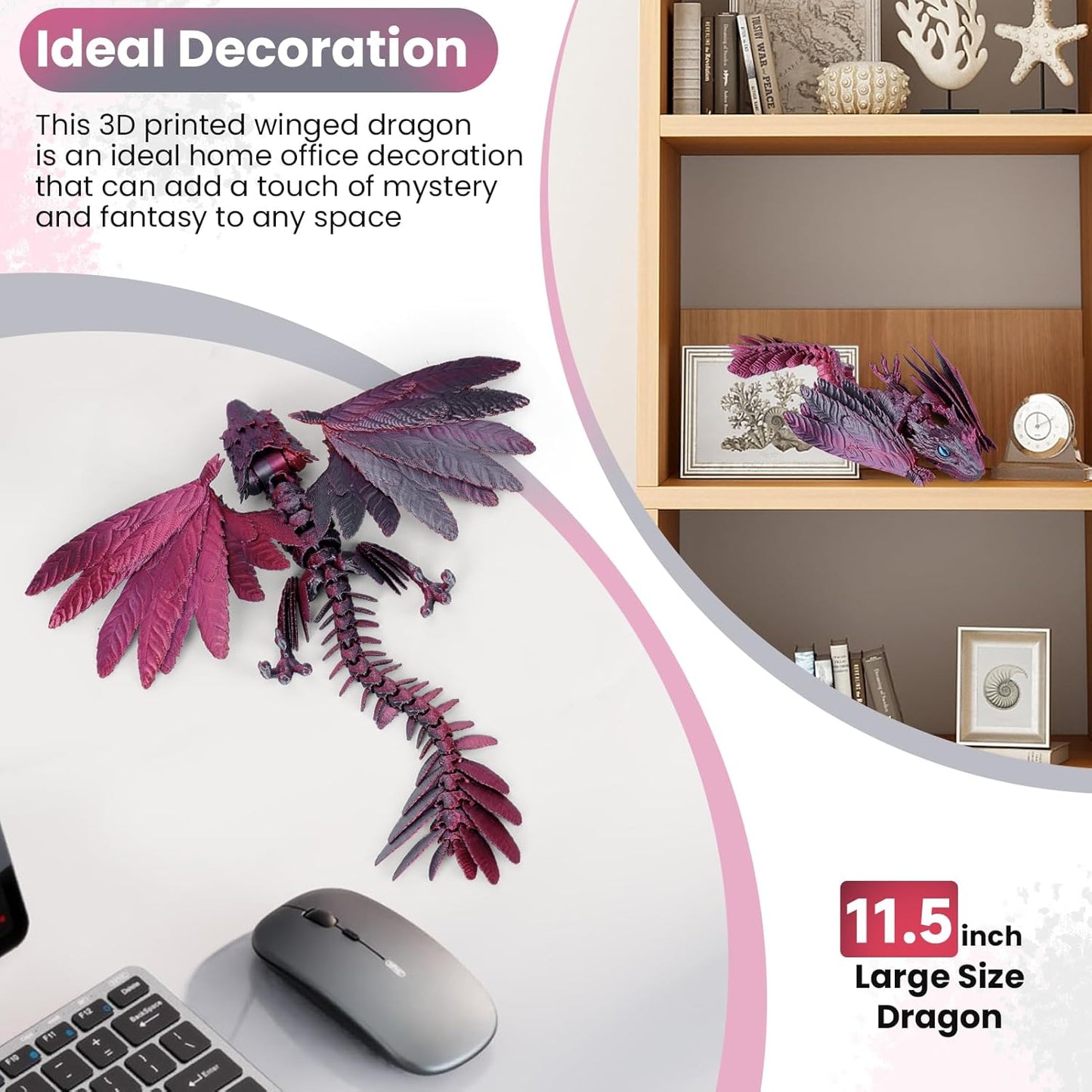 3D Printed Dragon with Wings, Feathered Wyvern Dragon,Full Articulated Crystal Dragon Fidget,Realistic Large Pet Dragon, Flexible Shoulder Dragon Stuff, 3D Printed Animals Toy.