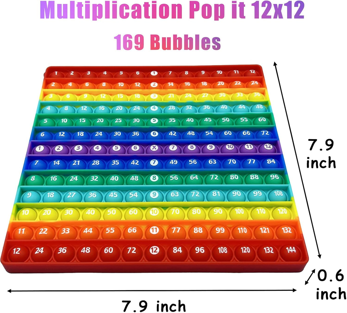 Multiplication 12x12, Addition 1-12, Math Fidget Popper, Learn Multiplication, Addition with Pop Fidget Toy, Learning Tools for Students and Children, Bubble Sensory Rainbow (Rainbow-Horizontal)